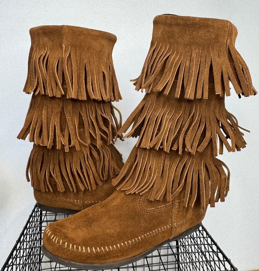 Y2K Minnetonka 3-Layer Fringe Brown Suede Moccasin Boots Boho Western Size 9
